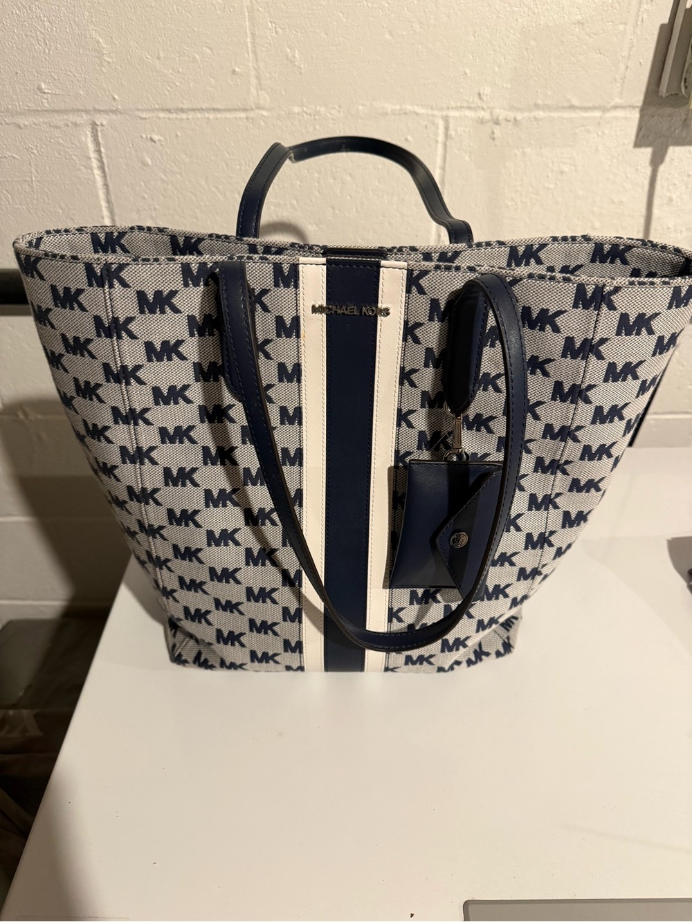 Michael Kors Navy and White MK Logo Stripe Tote